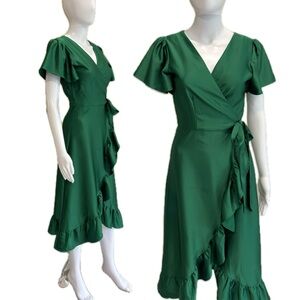 Mi Ami Francescas Satin Flutter Sleeve Ruffle Wrap Midi Dress Size Small Emerald